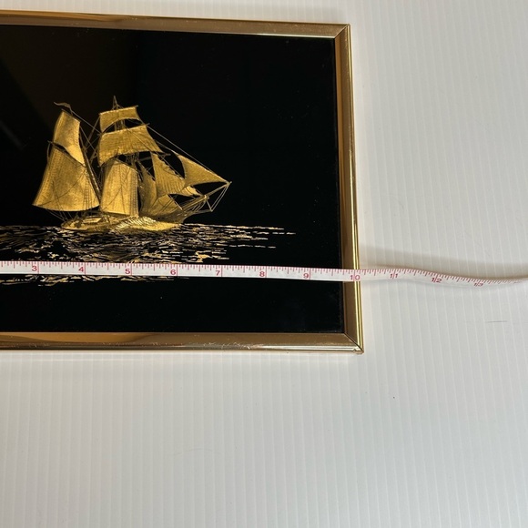 80s Gold Foil Art Etching Sailboat Pirate Ship Sea Picture Framed 10x8 - Picture 5 of 6